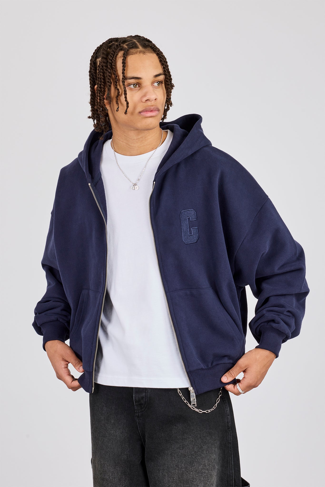 Bestickter C Boxy Zip Through Hoodie - Marineblau
